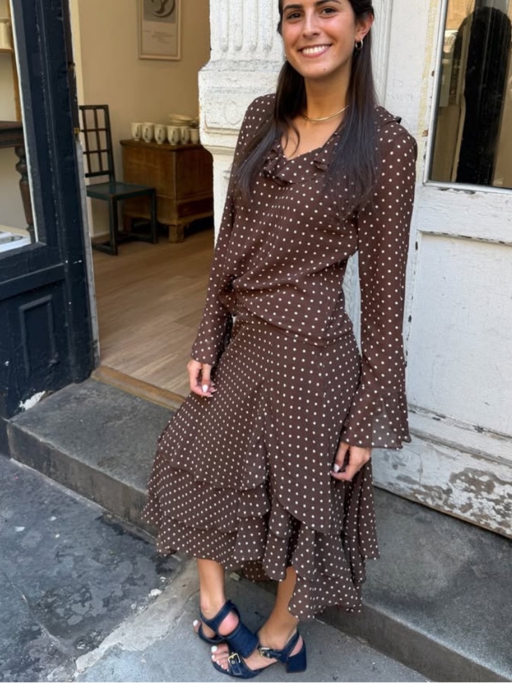 Polka Dot Long Sleeve Maxi Dress - Brown
